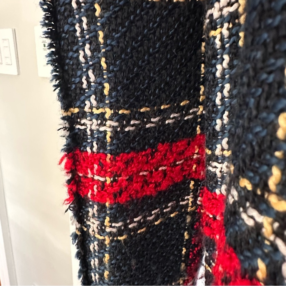 Zara Navy Black Red Plaid Bouckle Tweed Pearl Beaded Trim Blazer Jacket Size L❤️ - Picture 9 of 15